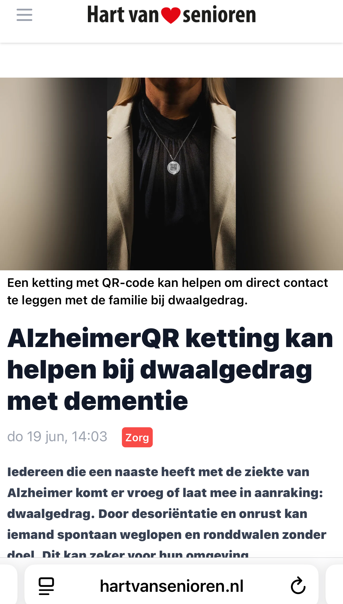 AlzheimerQR ketting kan helpen bij dwaalgedrag met dementie do 19 jun, 14:03 Zorg